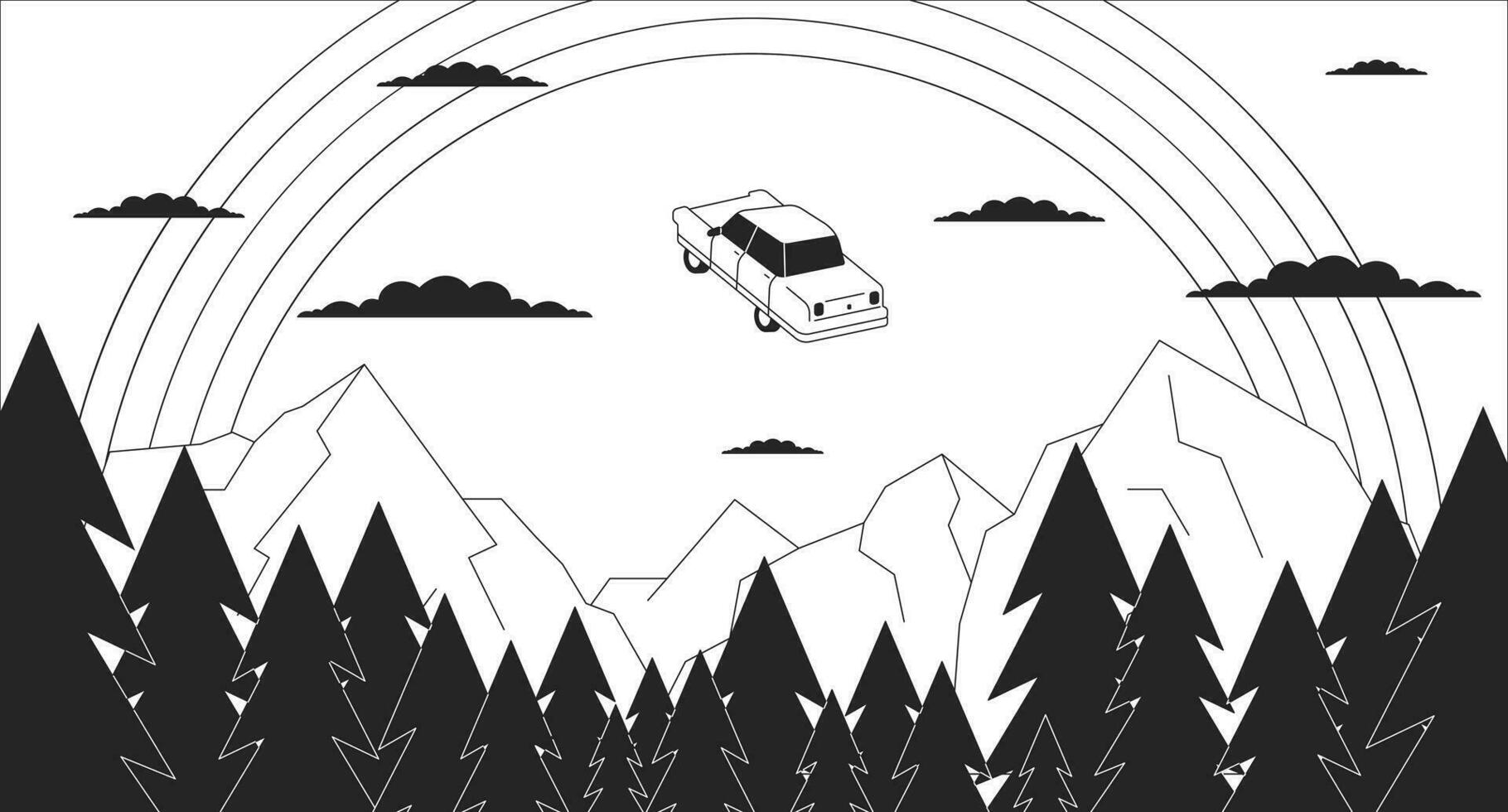 Psychedelic flying car in rainbow sky black and white 2D illustration concept. Mountains forest magic outline cartoon scene background. Levitating car over spruces metaphor monochrome vector art