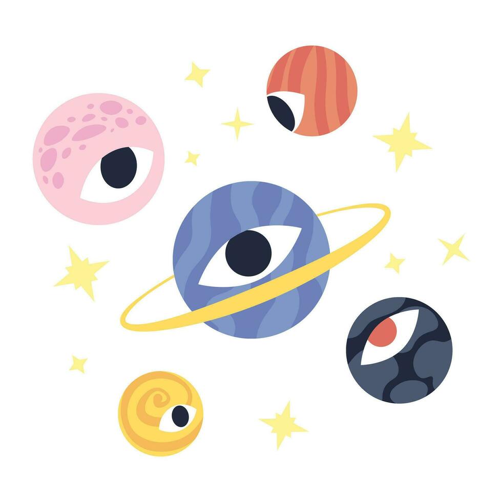 Groovy planets with eyeball 2D illustration concept. Trippy eye planets cosmic space isolated cartoon scene, white background. Cosmos vision. Psychedelic galaxy metaphor abstract flat vector graphic