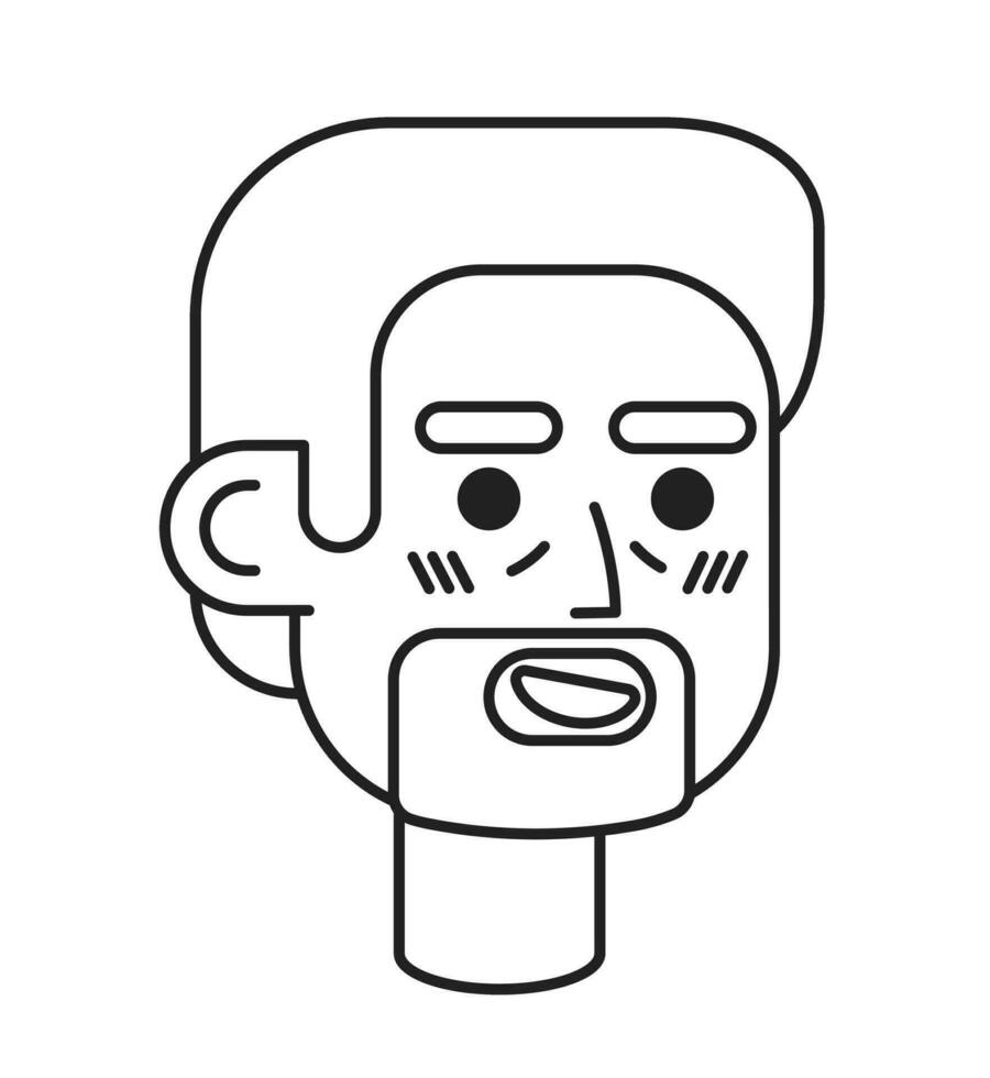 Excited senior guy black and white 2D vector avatar illustration. Elderly granddad man outline cartoon character face isolated. Wrinkled caucasian mid-aged person flat user profile image, portrait