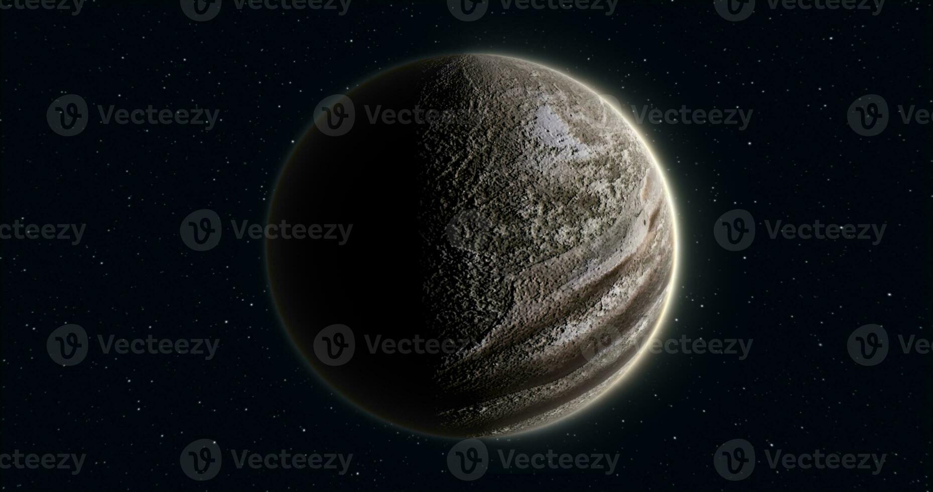 Abstract realistic space planet round sphere with a stone relief surface in space against the background of stars photo