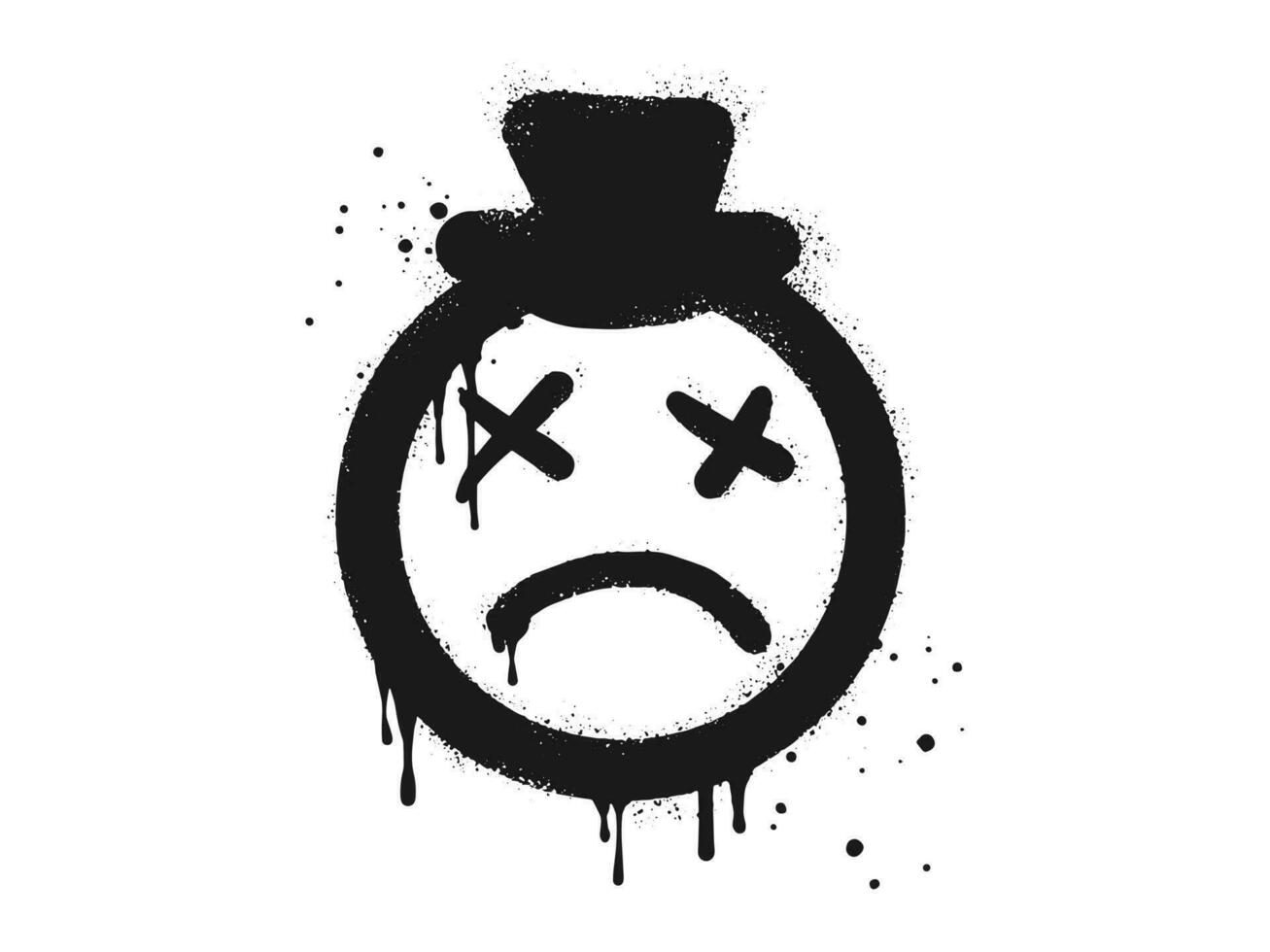 Scary sick face emoticon character with hat. Spray painted graffiti Sad face in black over white. isolated on white background. vector illustration
