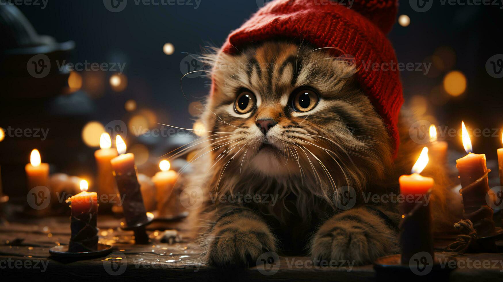 Cat in a festive Santa Claus hat for New Year and Christmas photo
