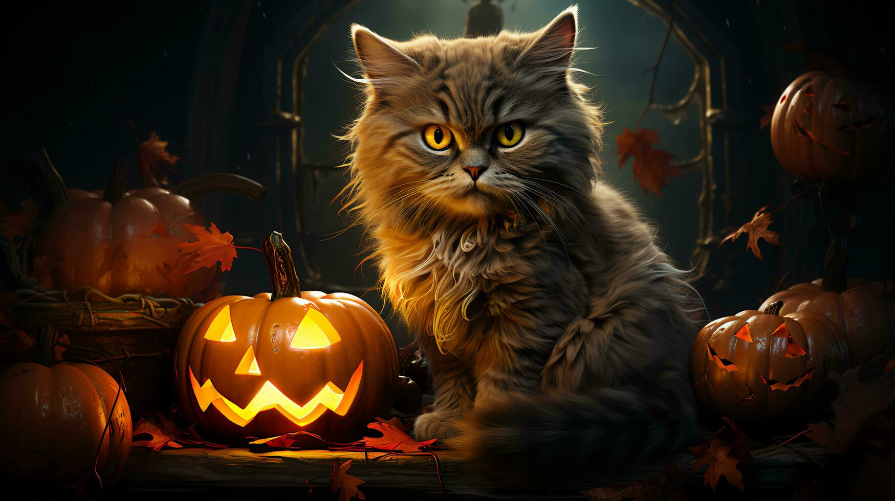 Black cat and scary Halloween decorations photo