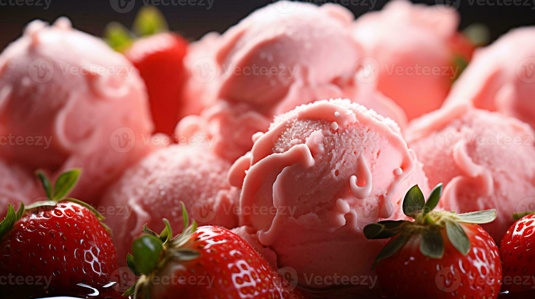 delicioso pelotas de fresa rosado hielo crema helado con frutas y nueces foto