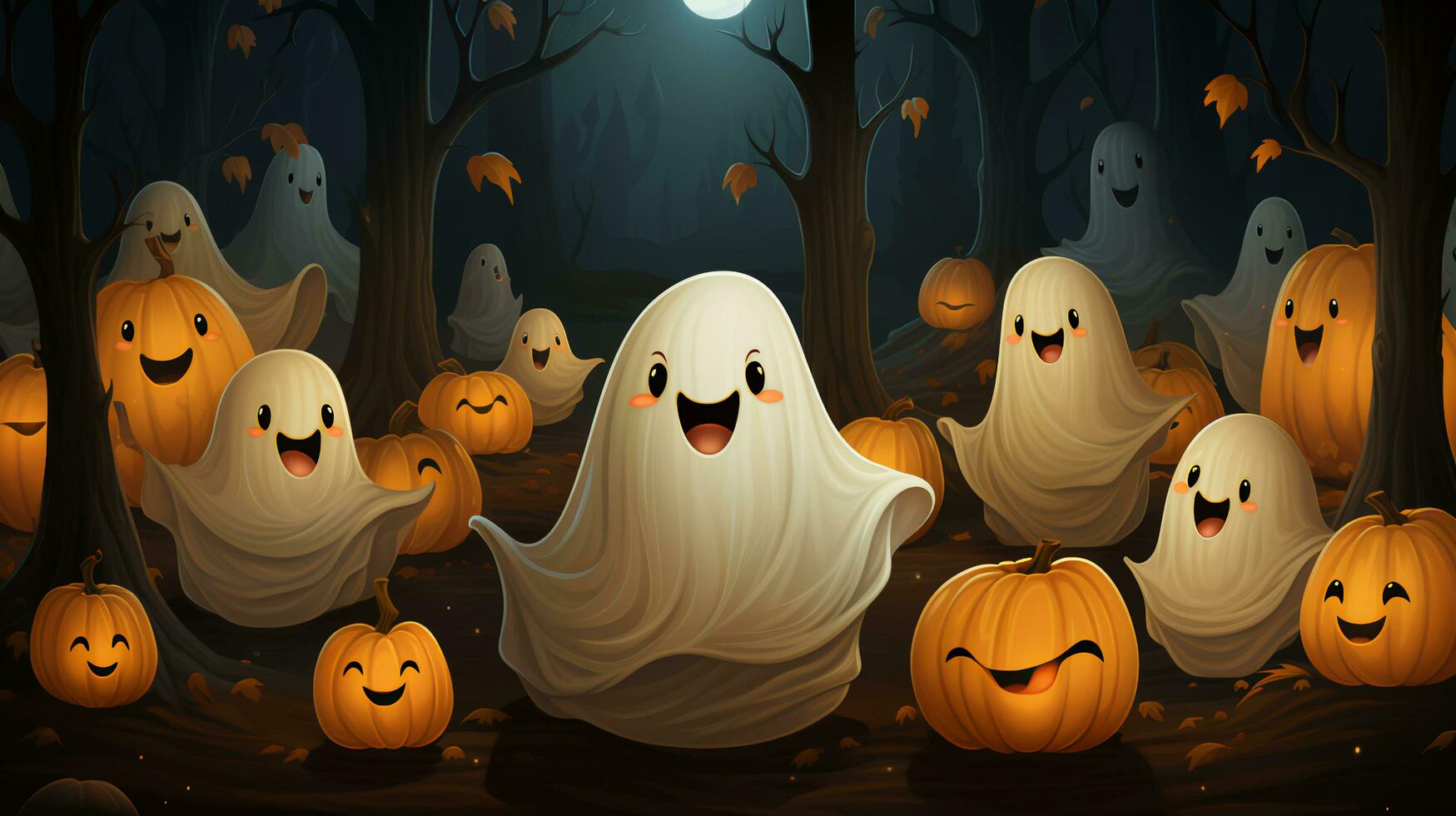 Cute ghost and pumpkins for Halloween photo