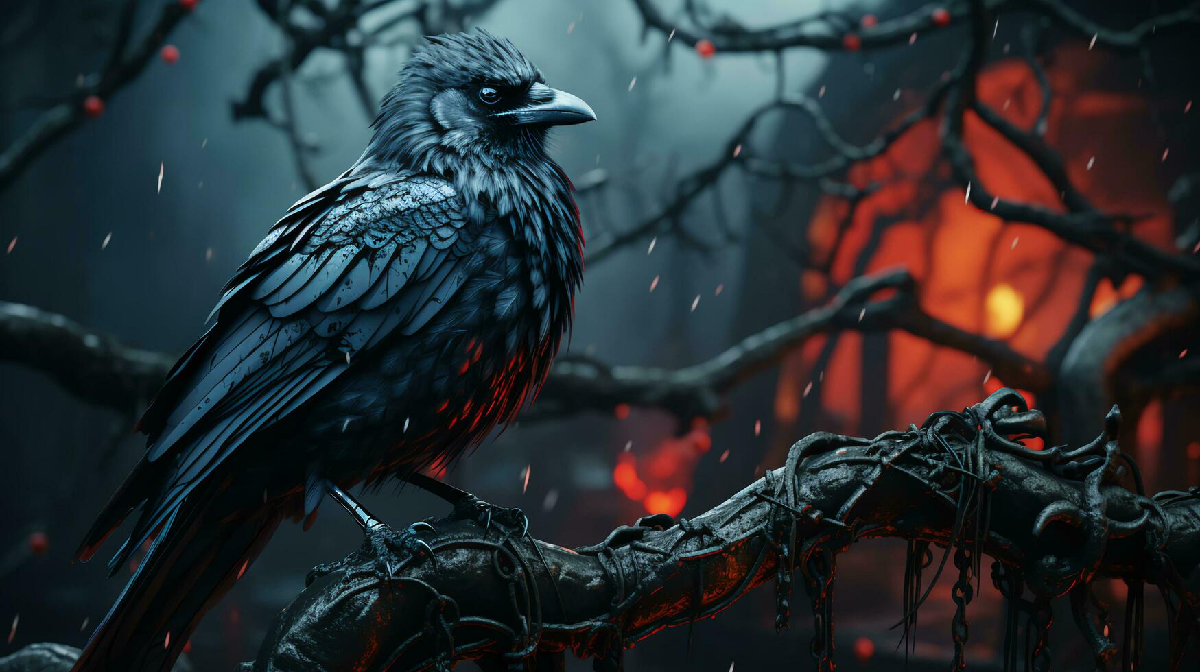 Creepy black raven sitting on a branch at night for Halloween photo