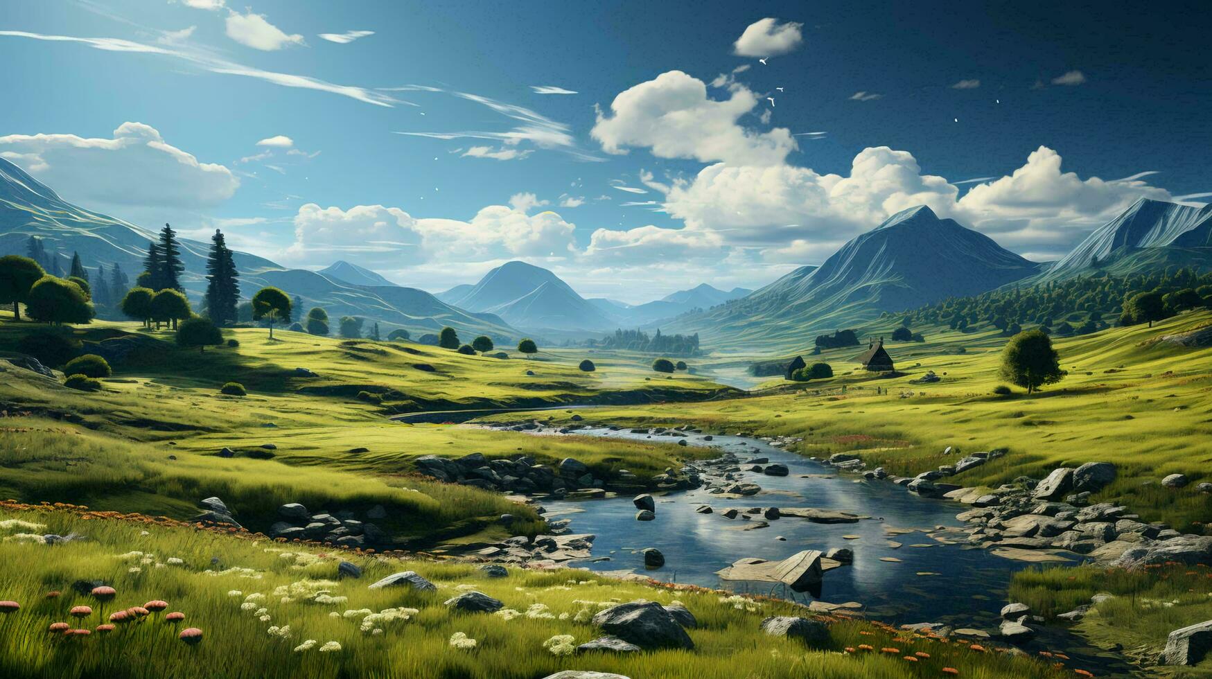 Beautiful natural landscape of green meadows, rivers and mountains photo