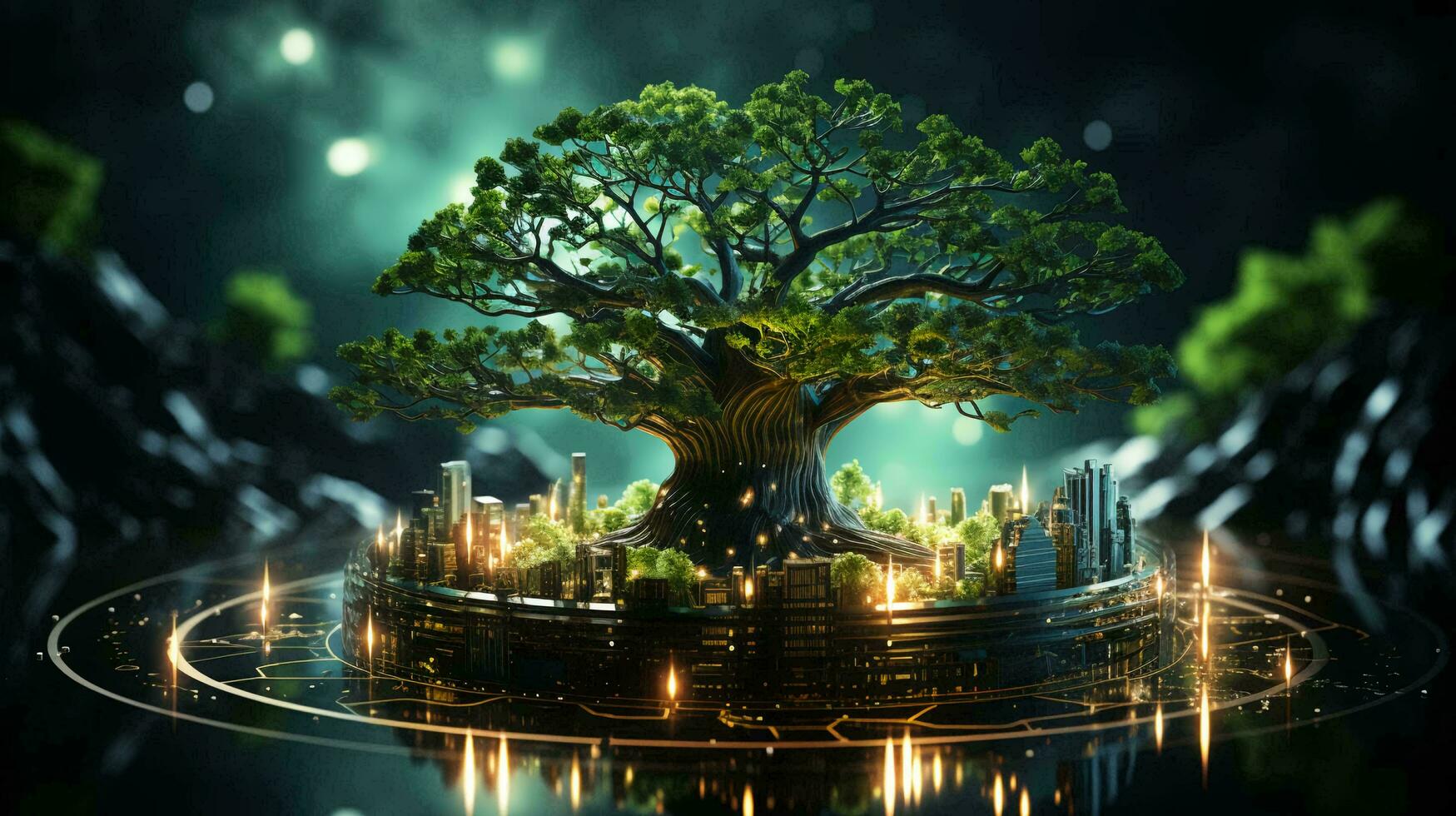 Green natural eco-friendly tree and computer technology on an abstract high-tech futuristic background of microchips and computer circuit boards with transistors photo