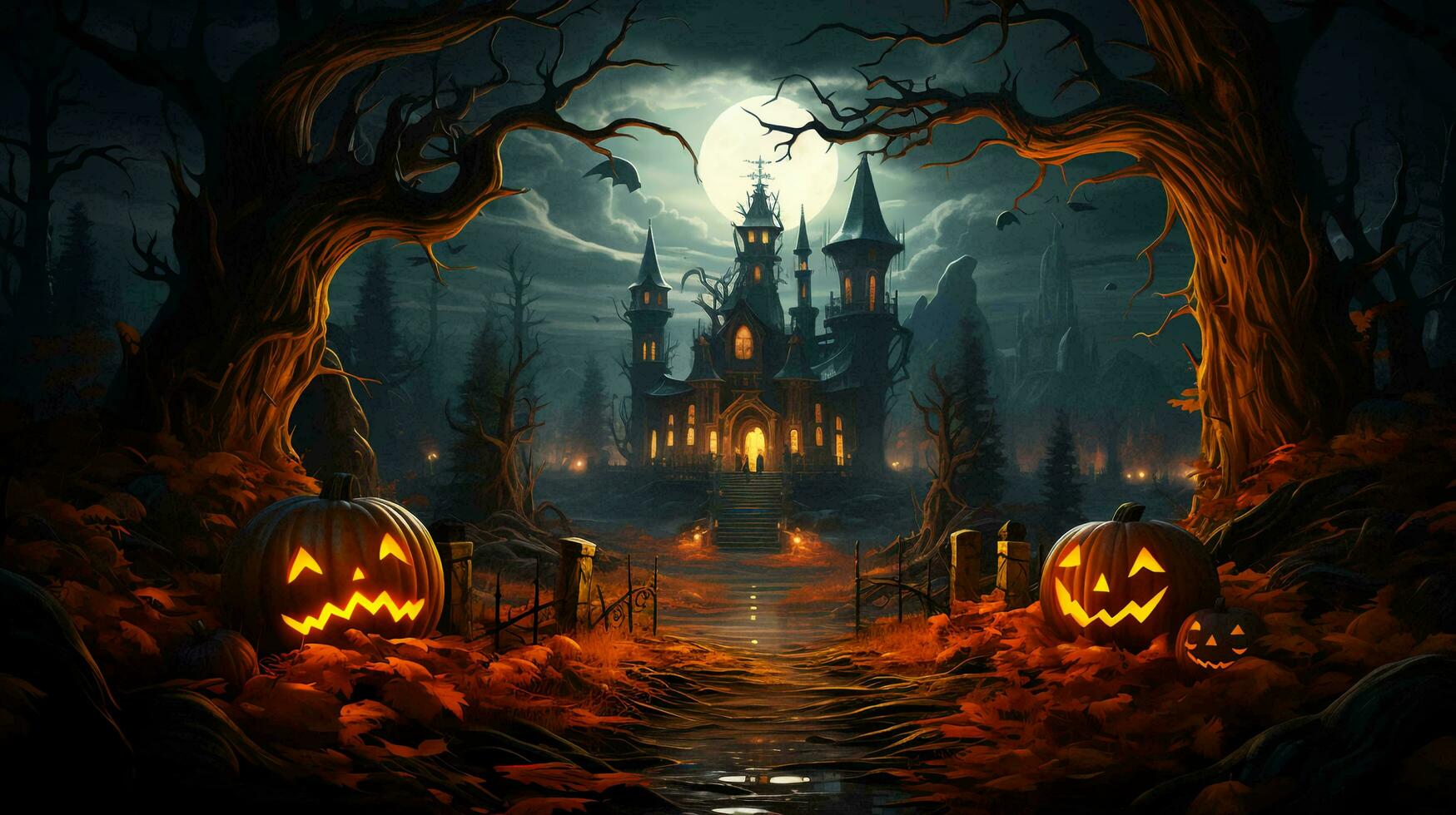 Castle and pumpkins with scary faces at night in the forest for the holiday of Halloween photo