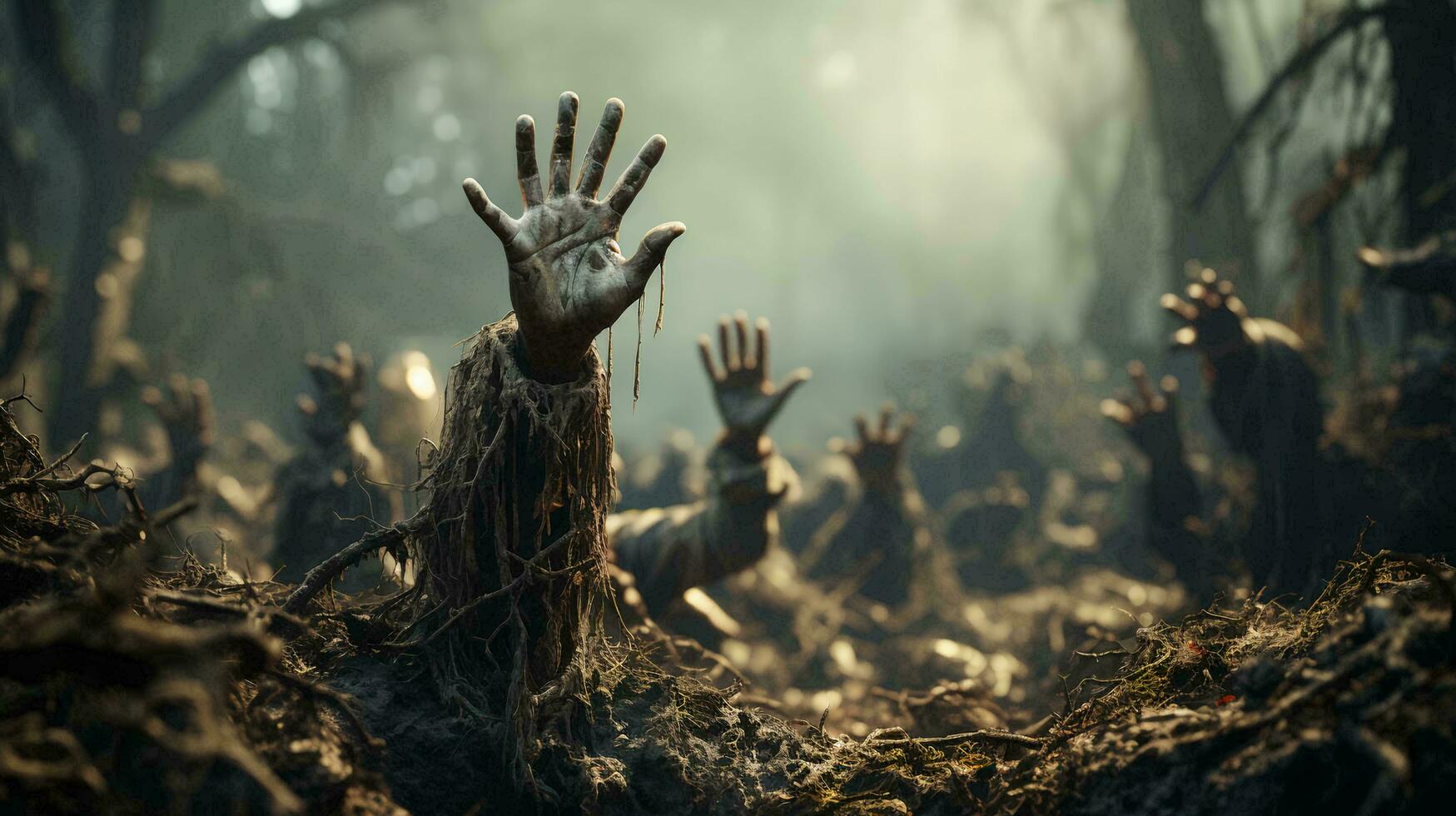 Zombies rise from the dead in a dark scary forest at night and pull their hands out of the ground for the Halloween holiday photo