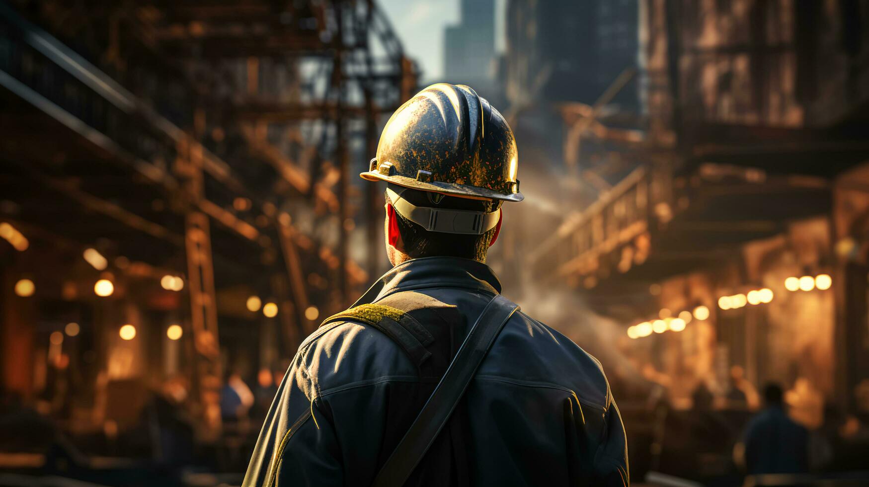 Oil refinery engineer, oil industry worker stands in front of a large chemical plant photo