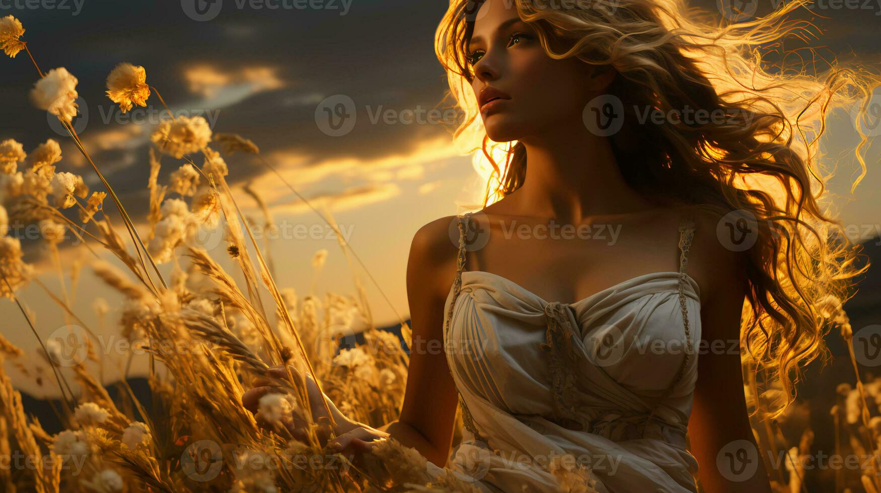 Beautiful woman runs through a field with wheat on a sunny day in summer photo