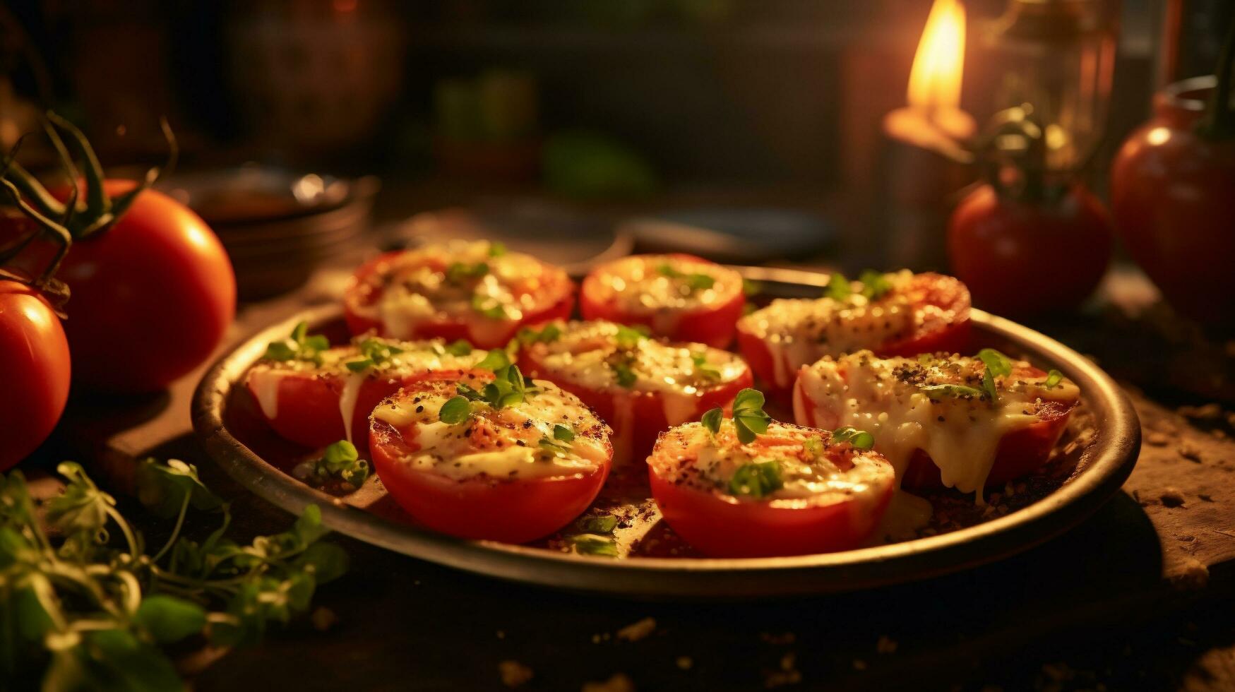 Tomatoes stuffed with mozzarella cheese and basil on a black background. AI Generative photo