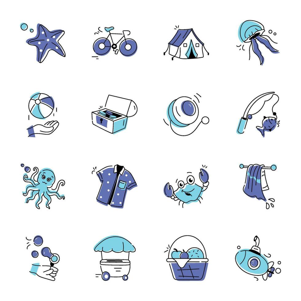 Bundle of Hand Drawn Beach Fun Icons vector