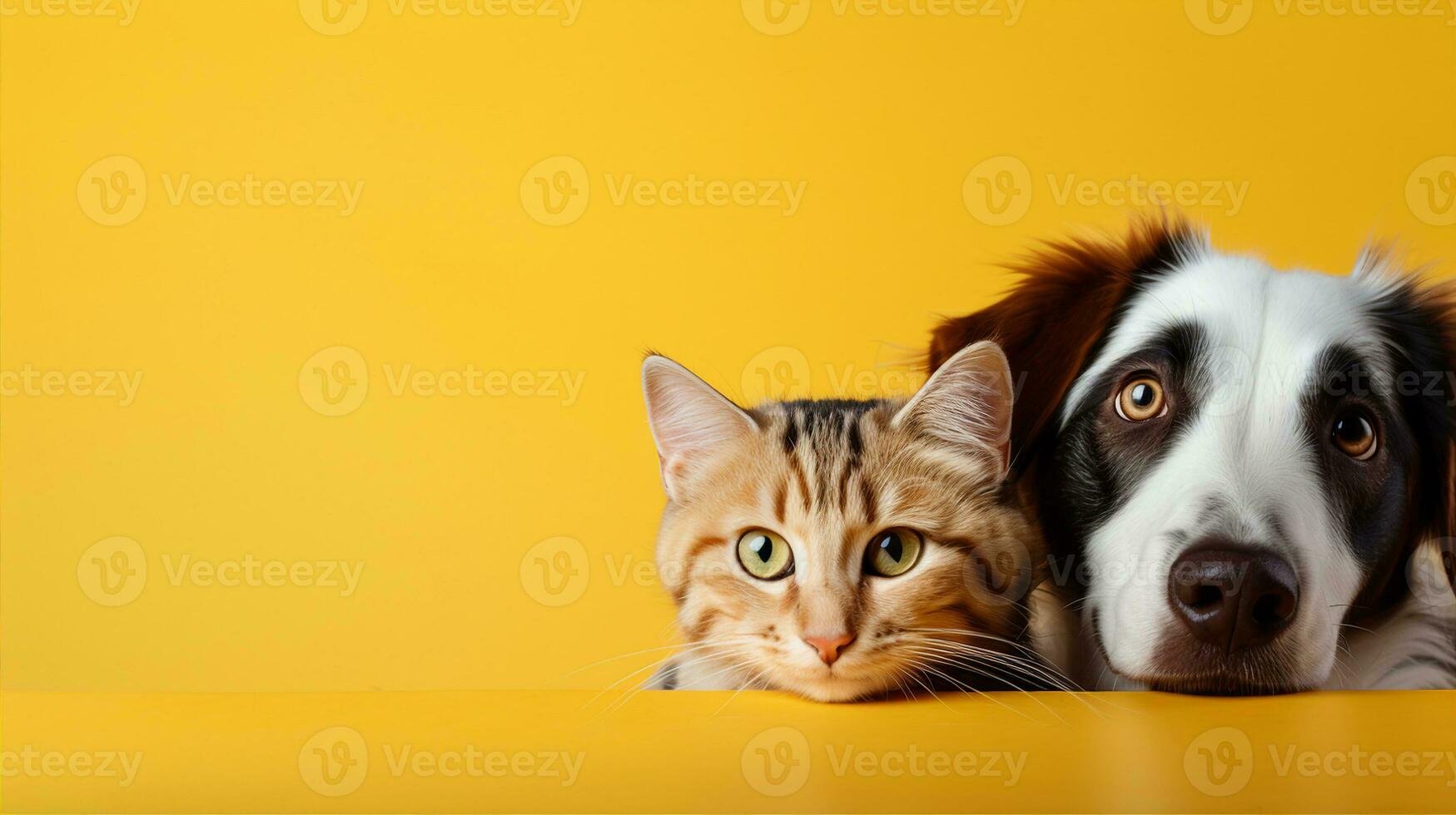 Dog and cat together, cute pets, isolated banner with copy space. Generative AI photo