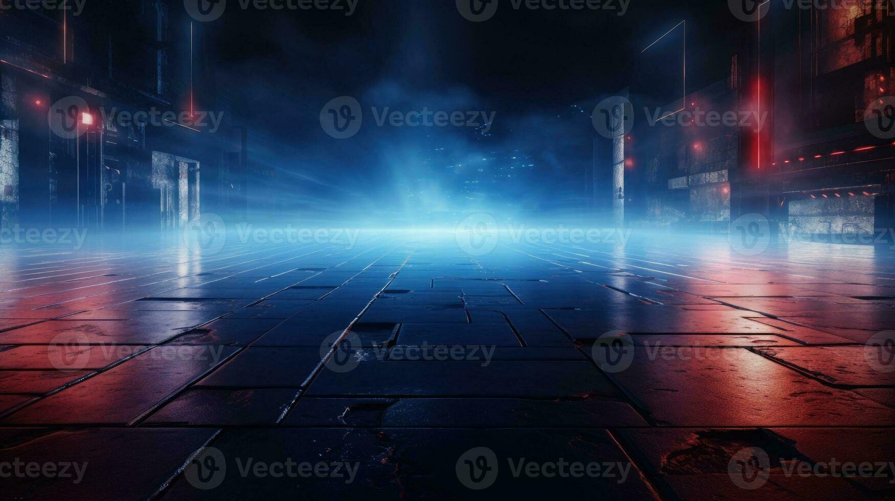 Night street with blue neon lights and smoke, wet asphalt road, dark background. Generative AI photo