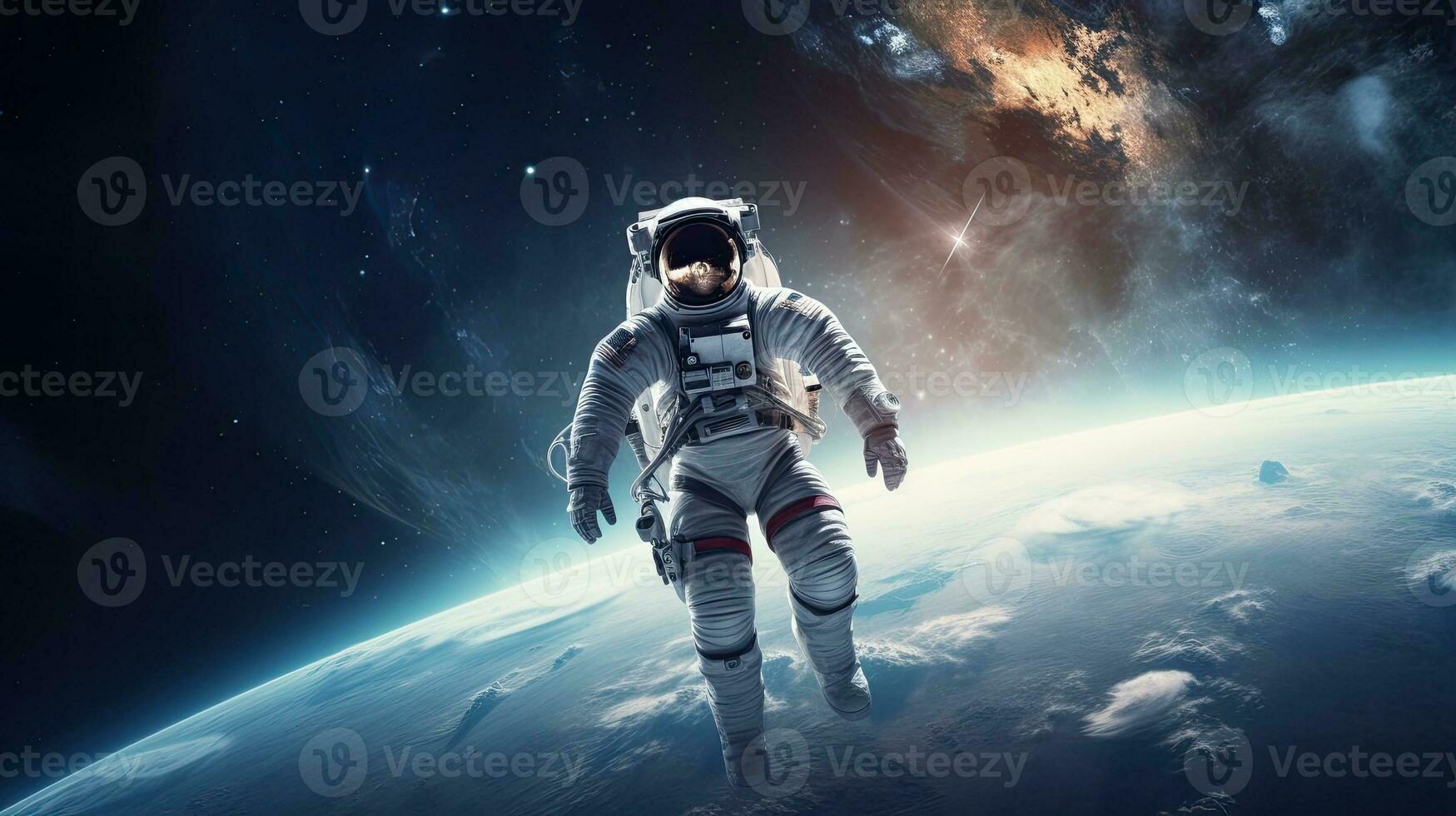 Astronaut in space, cosmos. Web banner with copy space. Generative AI photo