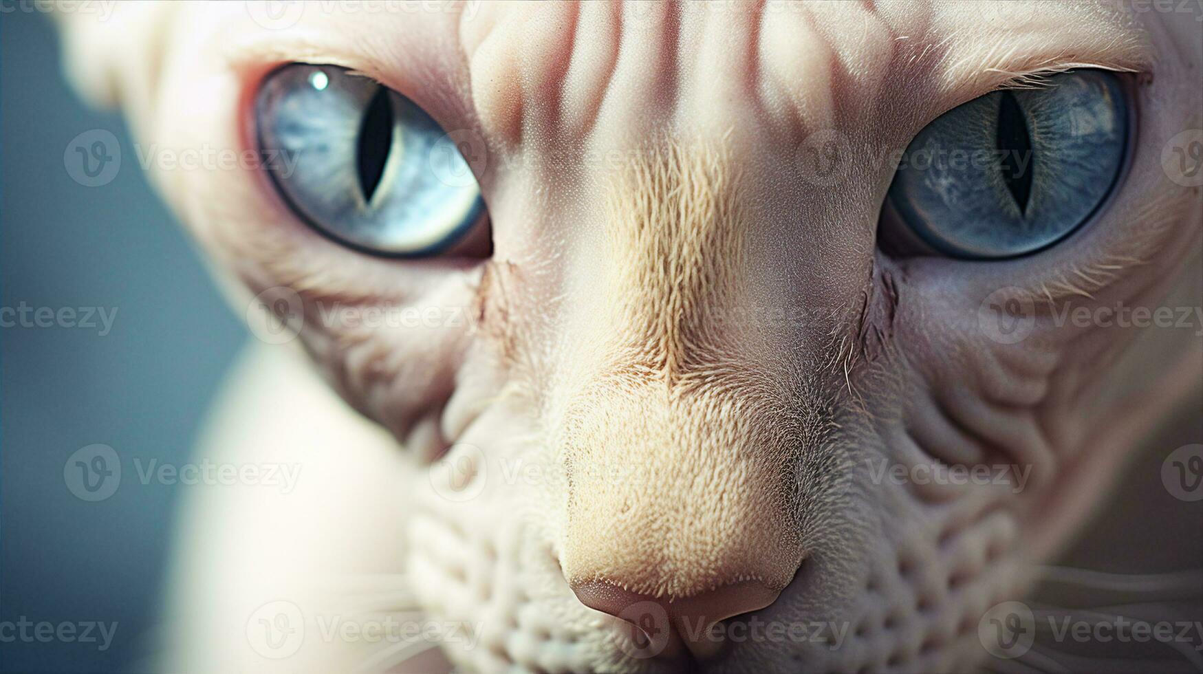 Close up of a Sphynx cat's unique wrinkled skin and intense eyes