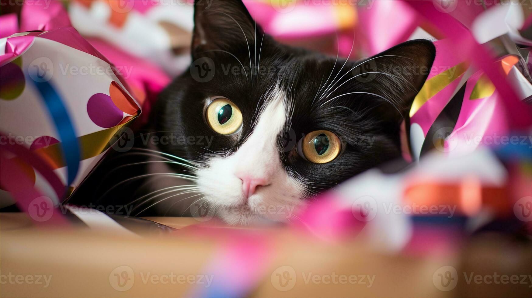 Tuxedo cat curiously peering inside an open gift box, festive ribbons surrounding it. Generative AI photo