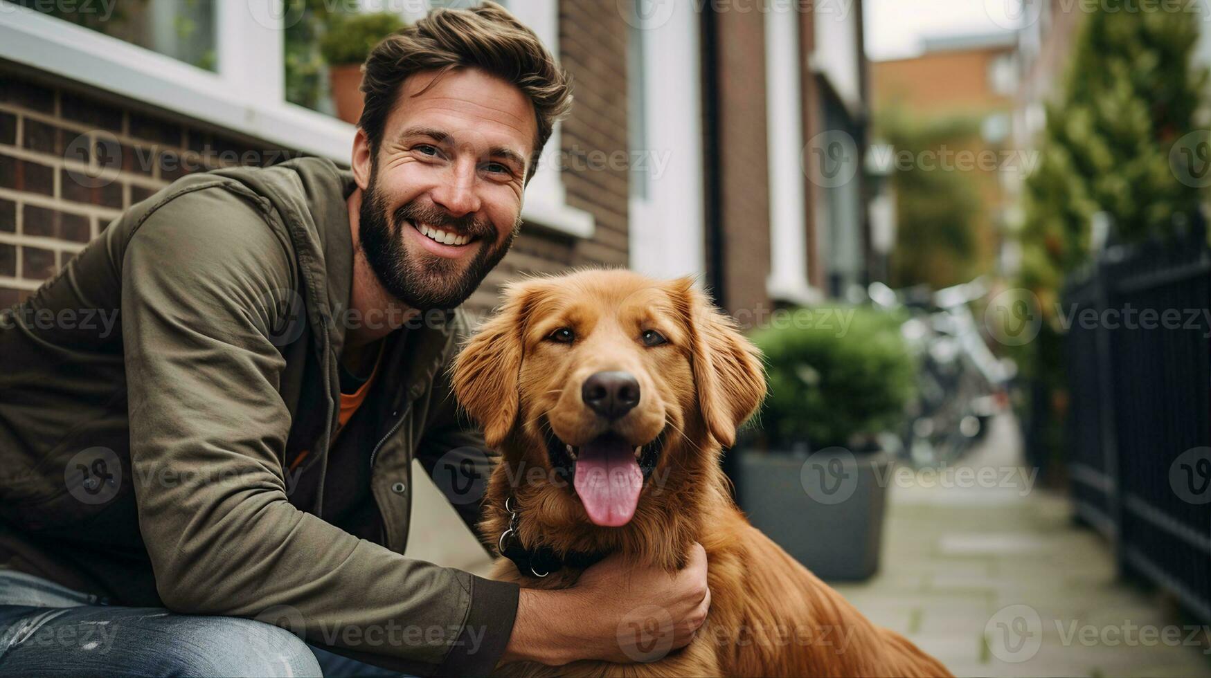 Happy dog and man together, friend of people at home. Generative AI photo