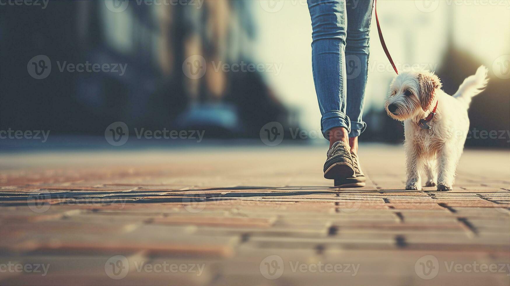 A woman with a dog on a leash walks down the street. Generative AI photo