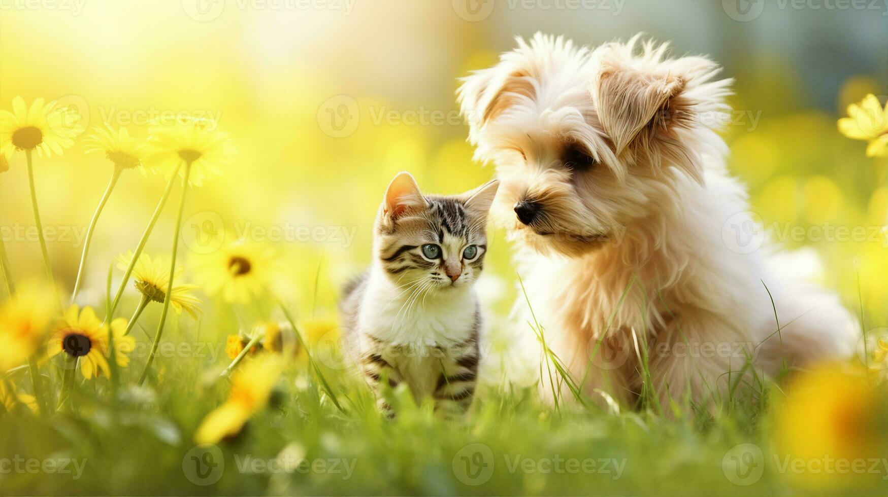 perro y gato juntos, linda mascotas en verano o primavera jardín. generativo ai foto