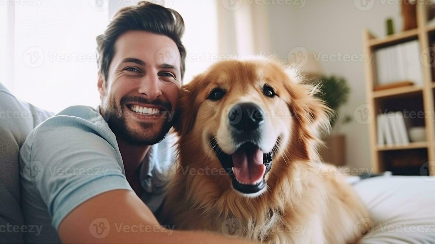 Happy dog and man together, friend of people at home. Generative AI photo