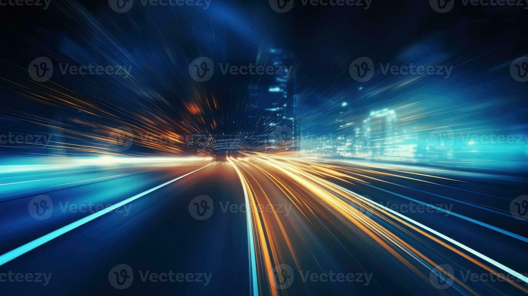 Night city street, road, blue light, abstract dark blur background. Generative AI photo
