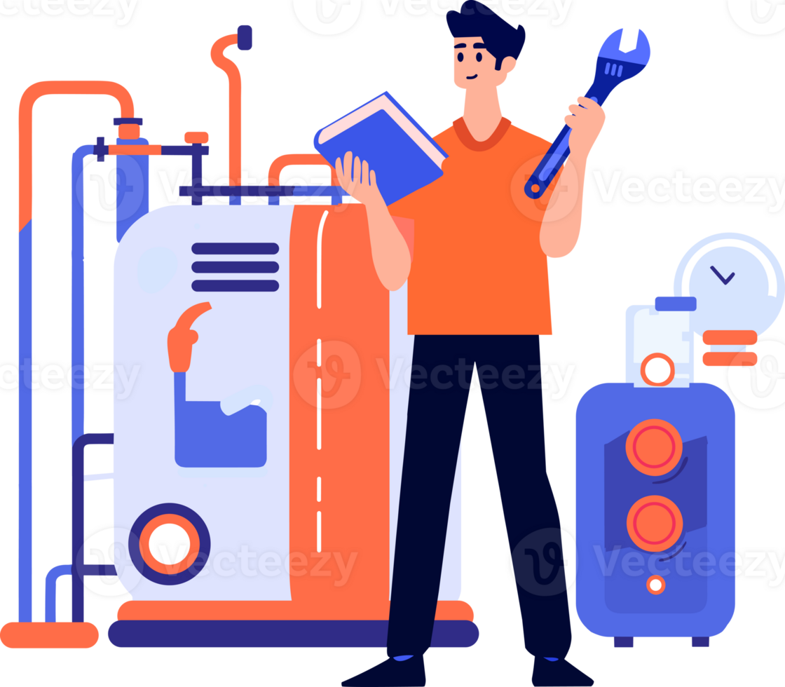 Hand Drawn Technician or engineer with engine in factory in flat style png
