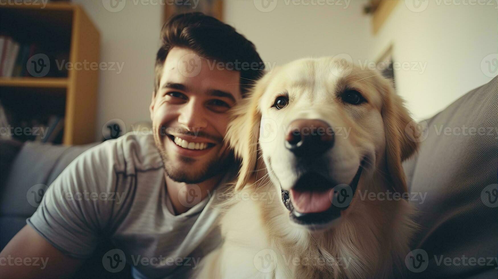 Happy dog and man together, friend of people at home. Generative AI photo