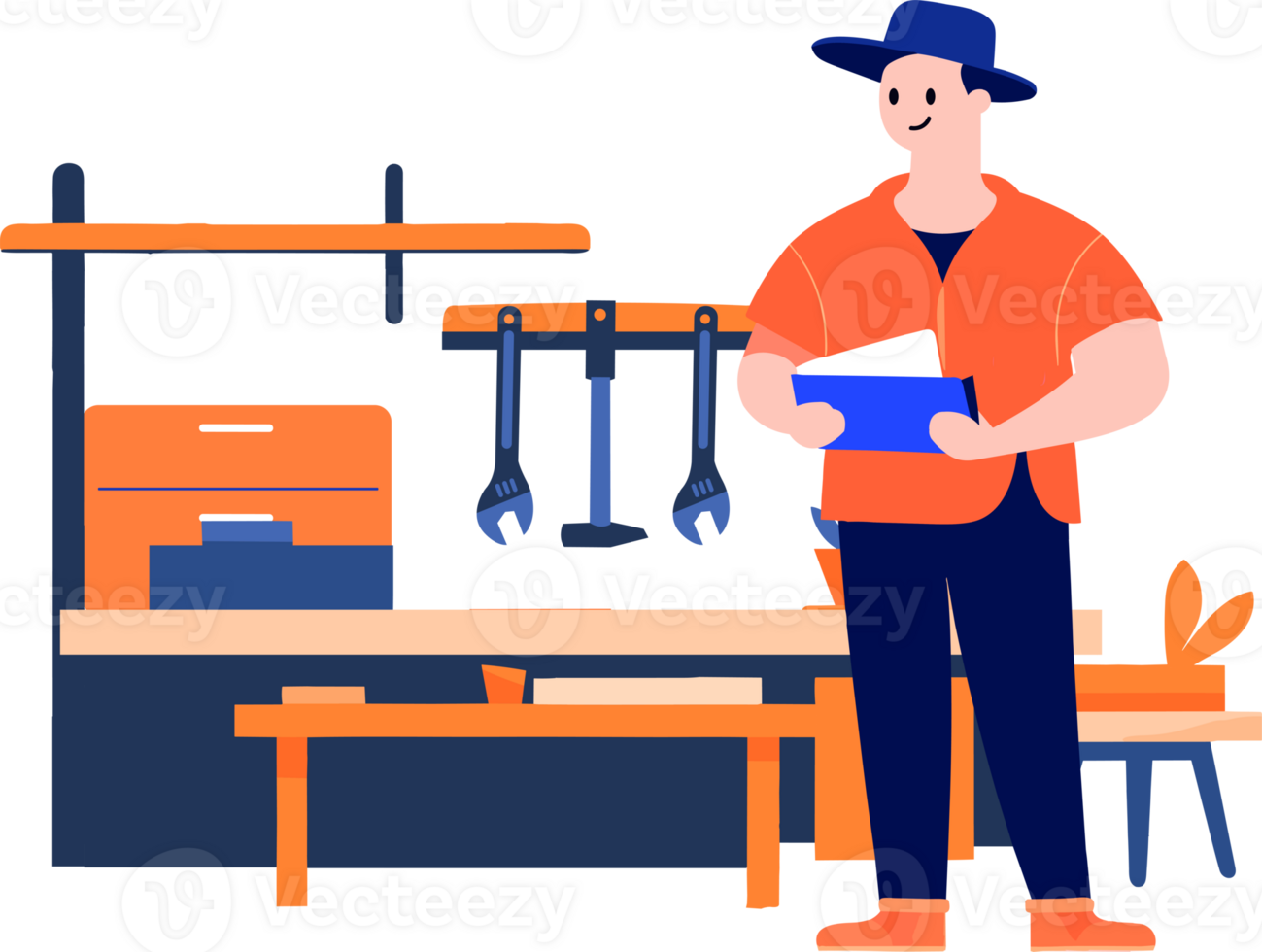 Hand Drawn Technician or engineer with engine in factory in flat style png