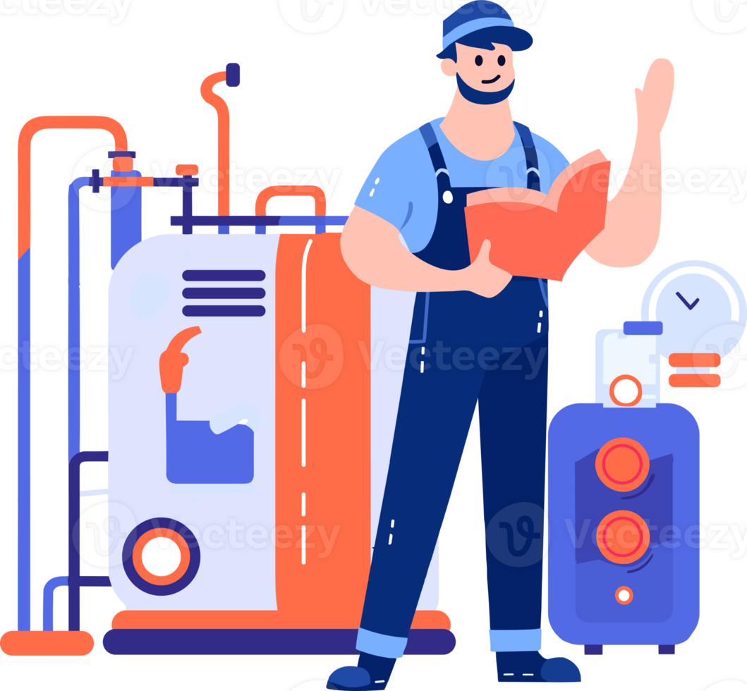 Hand Drawn Technician or engineer with engine in factory in flat style png