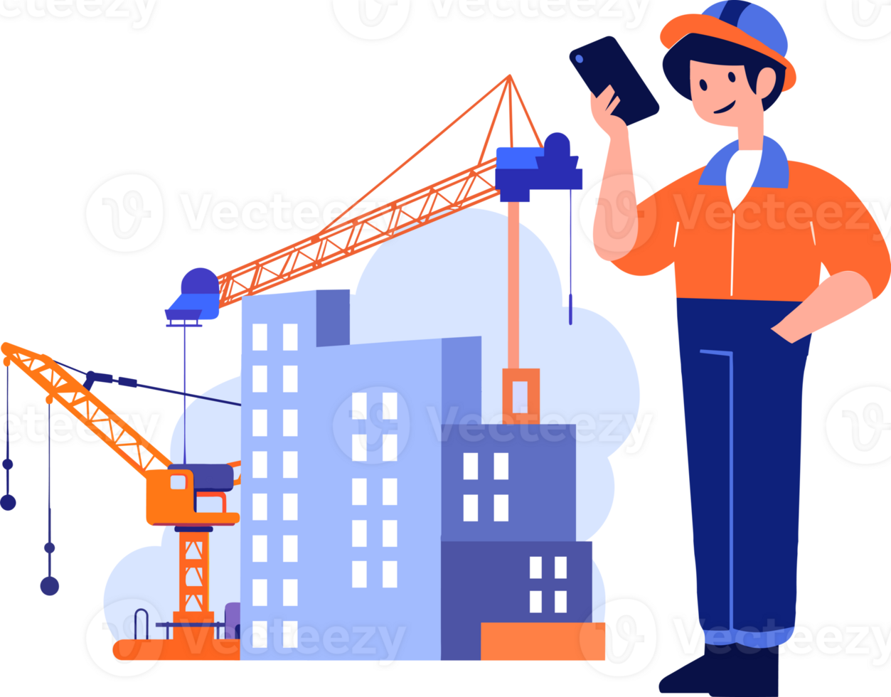 Hand Drawn Engineer or architect with building under construction in flat style png