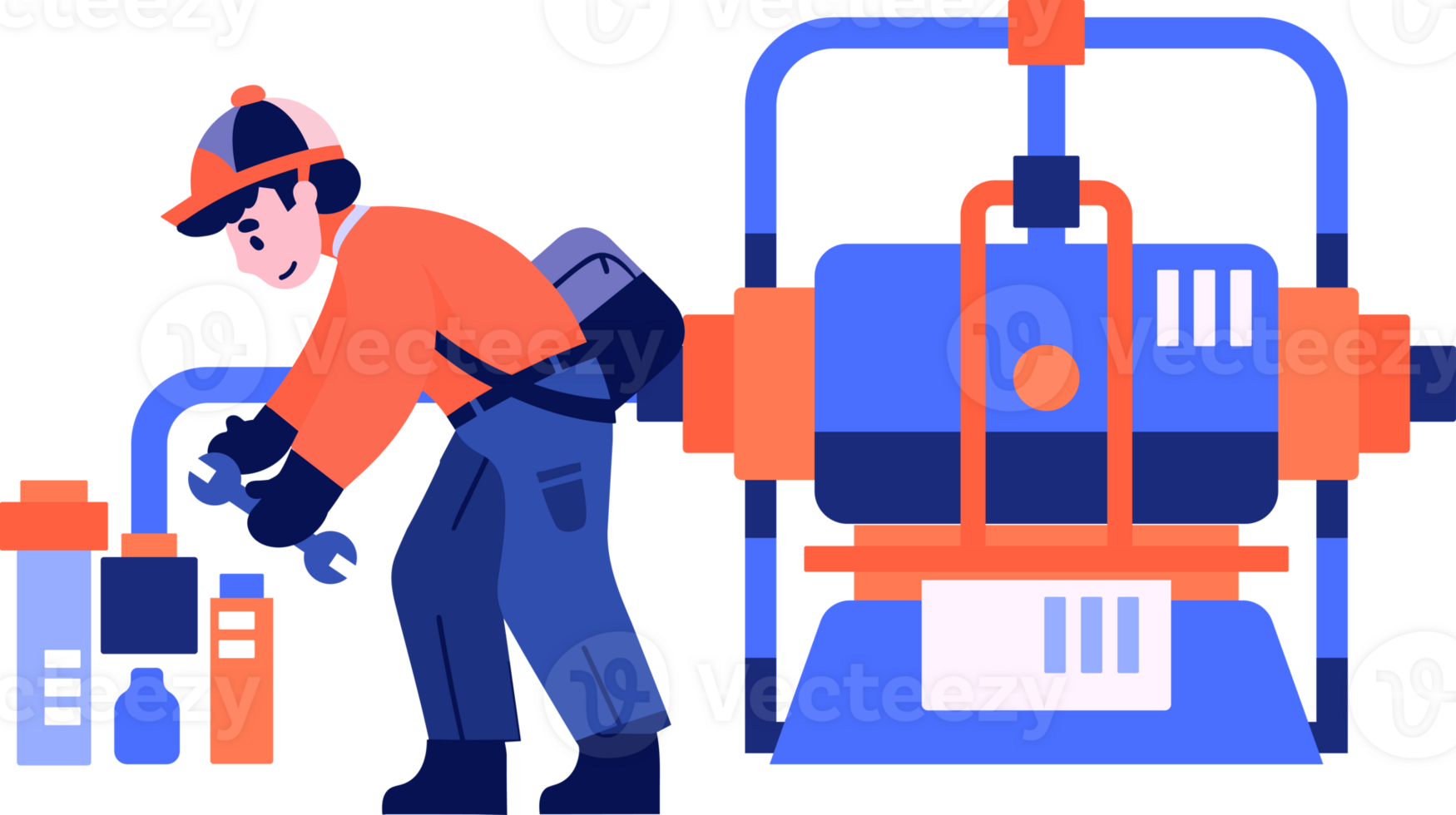 Hand Drawn Technician or engineer with engine in factory in flat style png