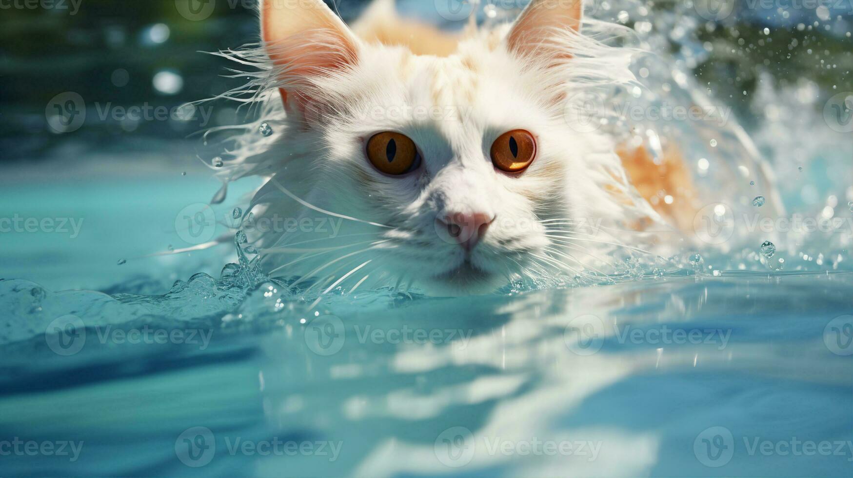 Turkish Van cat gracefully swimming in a pool, its distinct color pattern on display. Generative AI photo