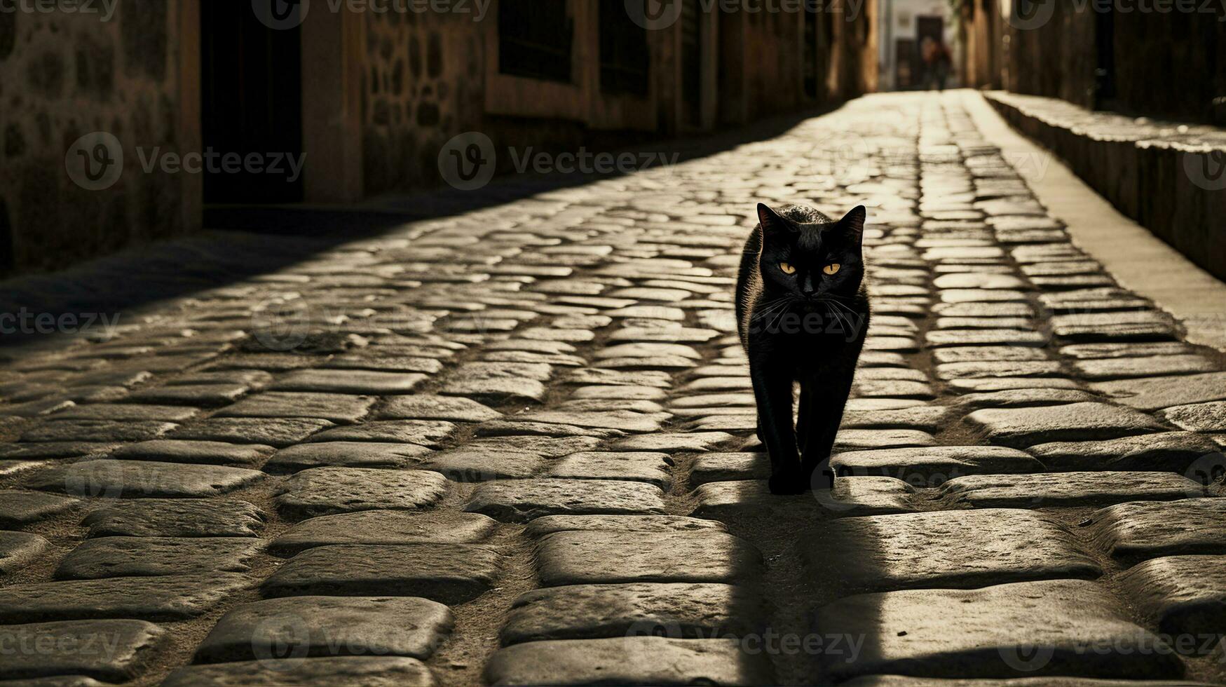 Black cat crossing a cobbled street, an old - world charm mingled with superstitions. Generative AI photo