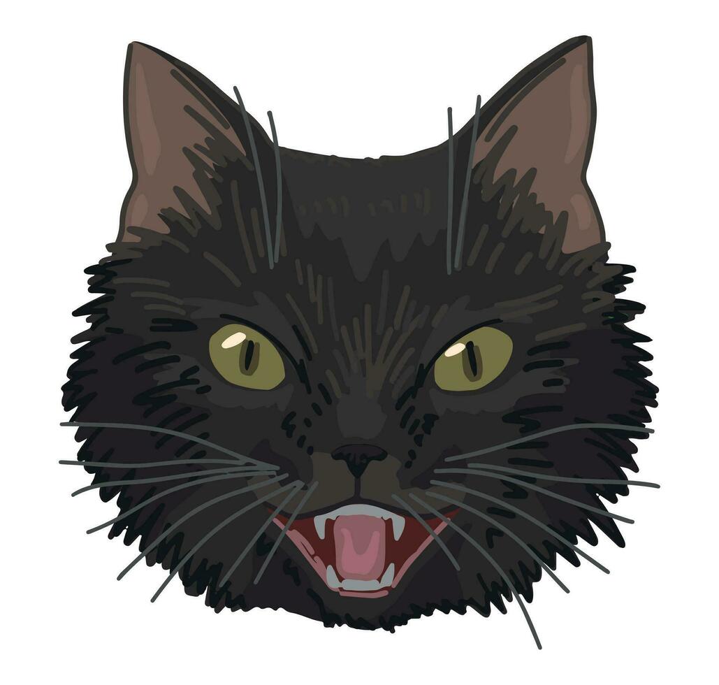 Angry black cat face clipart isolated on white. Cartoon style drawing of hissing cat witch familiar. Halloween creepy animal modern vector illustration.