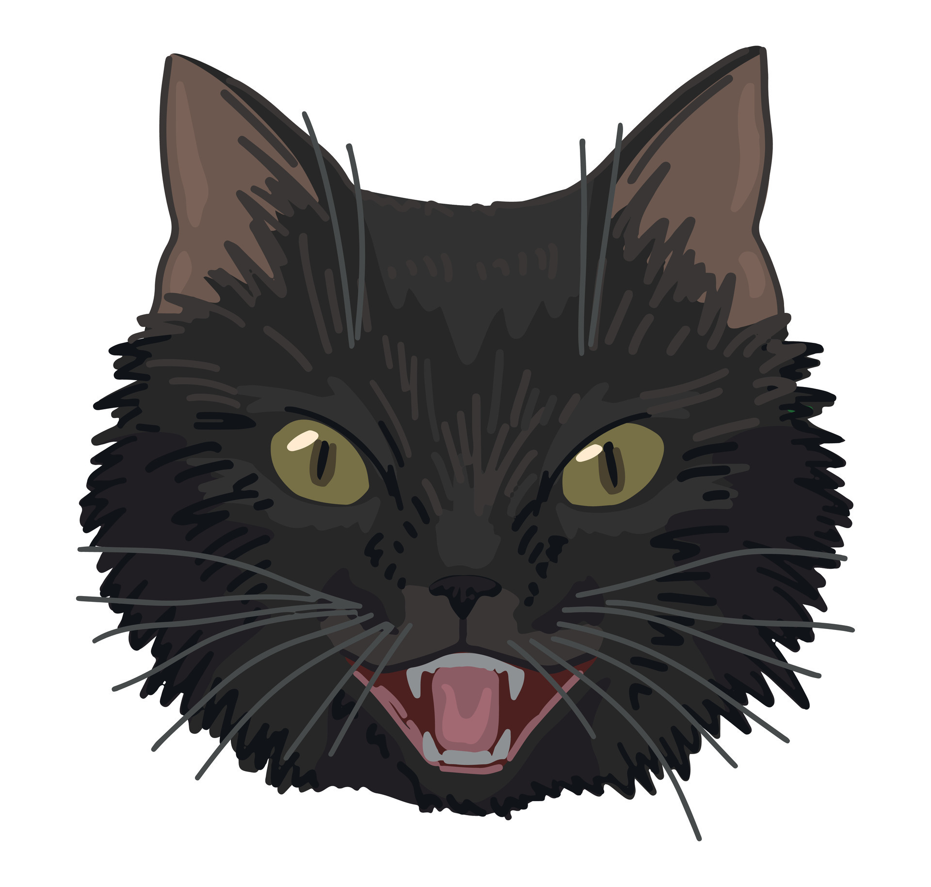 Angry black cat face clipart isolated on white. Cartoon style