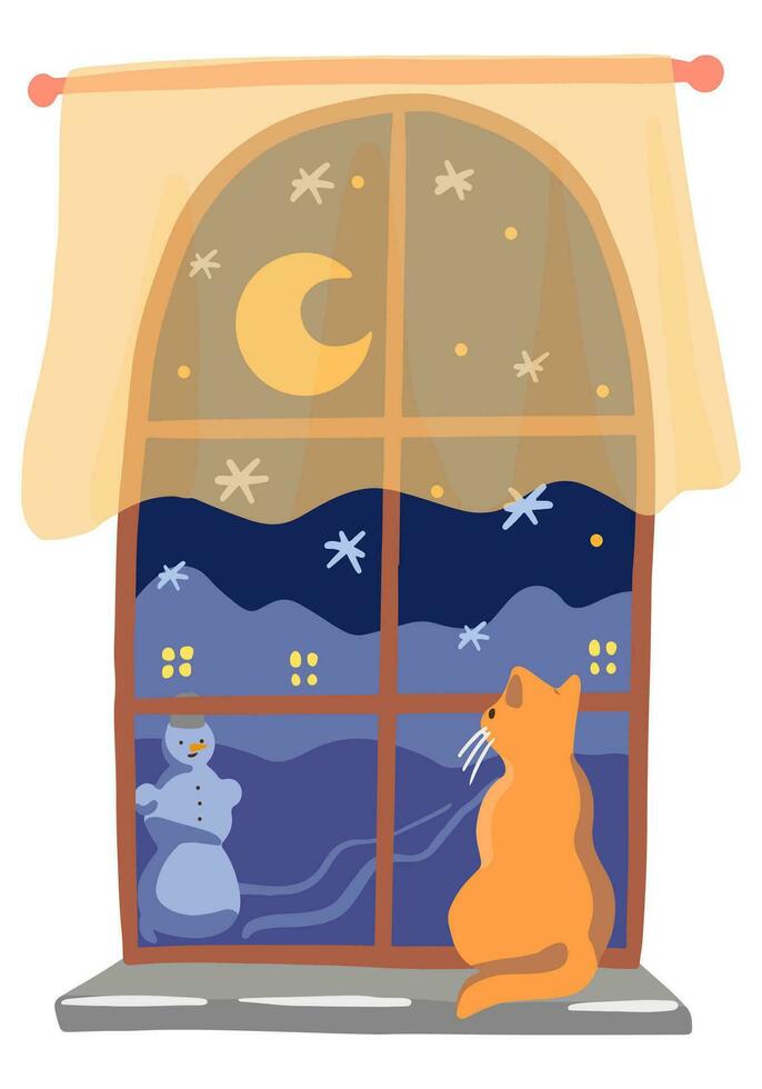 Window overlooking winter night, snowman. Cat sitting on windowsill. Cartoon drawing of cozy home. Vector illustration. Clipart isolated on white. For Christmas design, print, sticker, postcard, decor