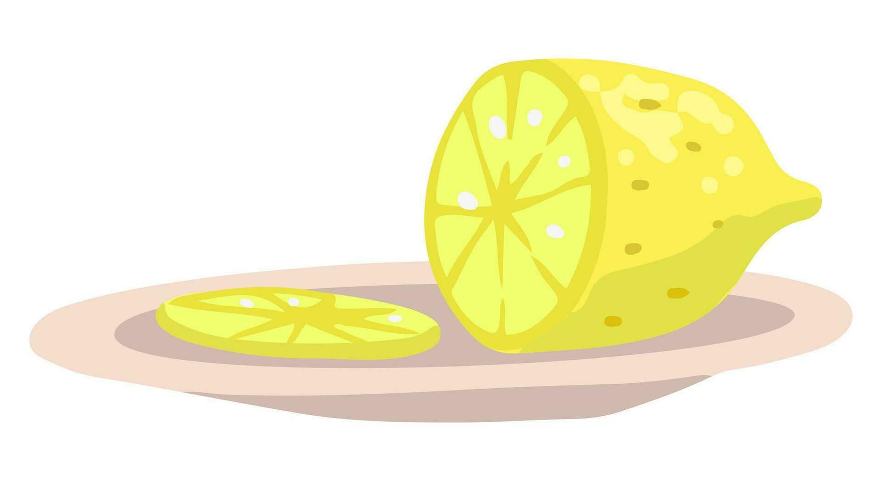 rebanado limón en un lámina, agrios fruta. mano dibujado vector ilustración. de colores dibujos animados garabatear. soltero dibujo aislado en blanco antecedentes. elemento para diseño, imprimir, pegatina, tarjeta, decoración, envoltura.