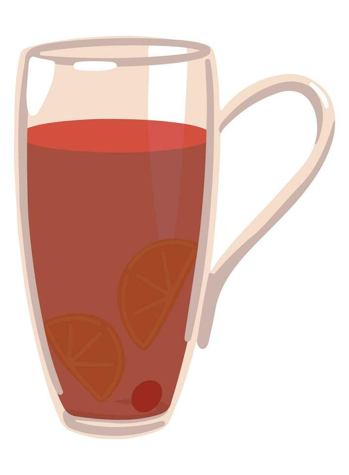 Cute glass mug with tea. Colored cartoon doodle of cozy aesthetic. Hand drawn vector illustration. Drawing isolated on white background. Element for design, print, sticker, card, decoration, wrap.