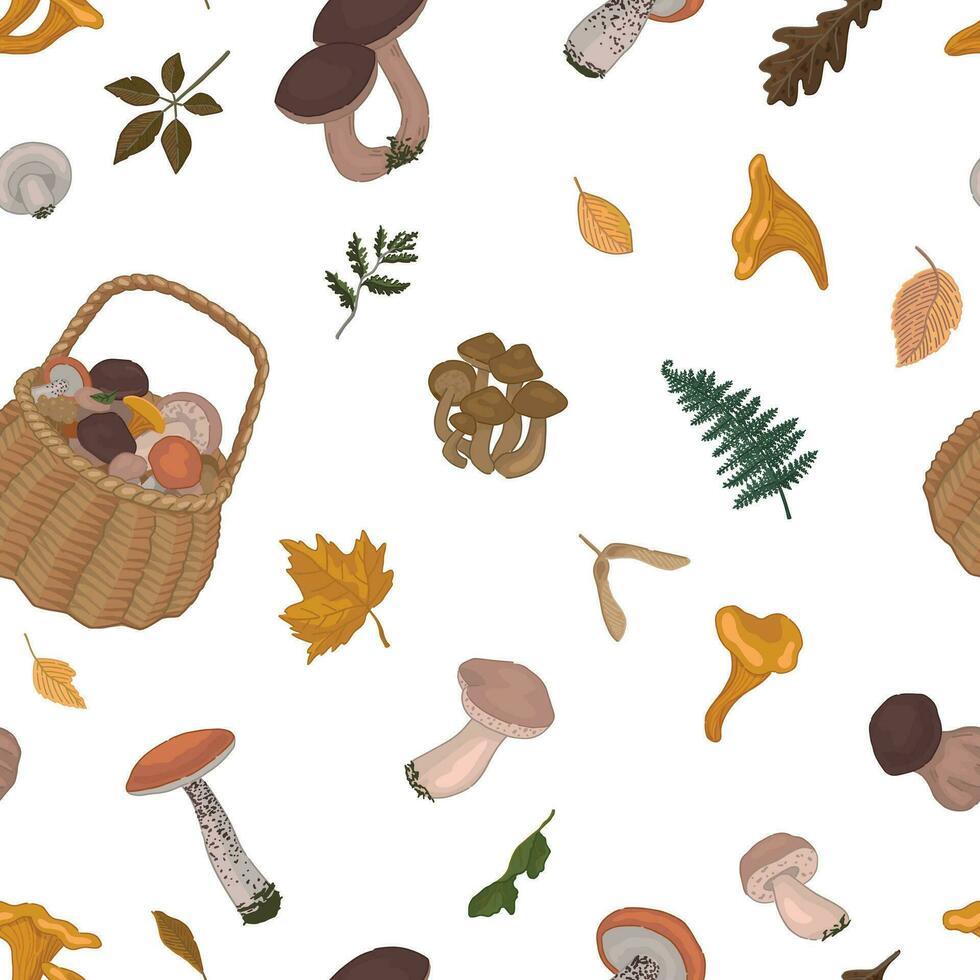 Autumn harvest vector seamless pattern. Ornament of edible mushrooms, fallen leaves. Cartoon style design for background, wallpaper, decor.
