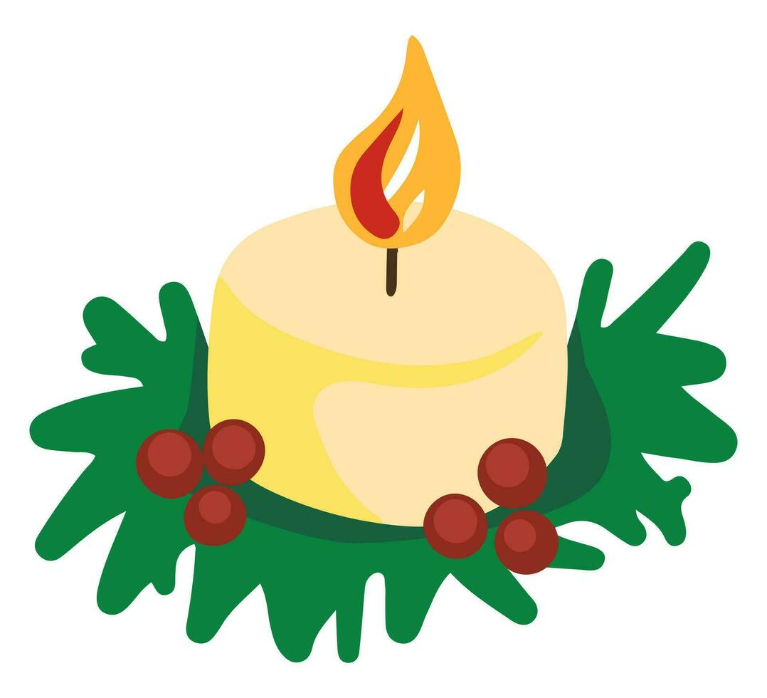 Burning Christmas candle. Colored cartoon doodle of winter attribute. Hand drawn vector illustration. Single drawing isolated on white background. Element for design, print, sticker, card, decor, wrap