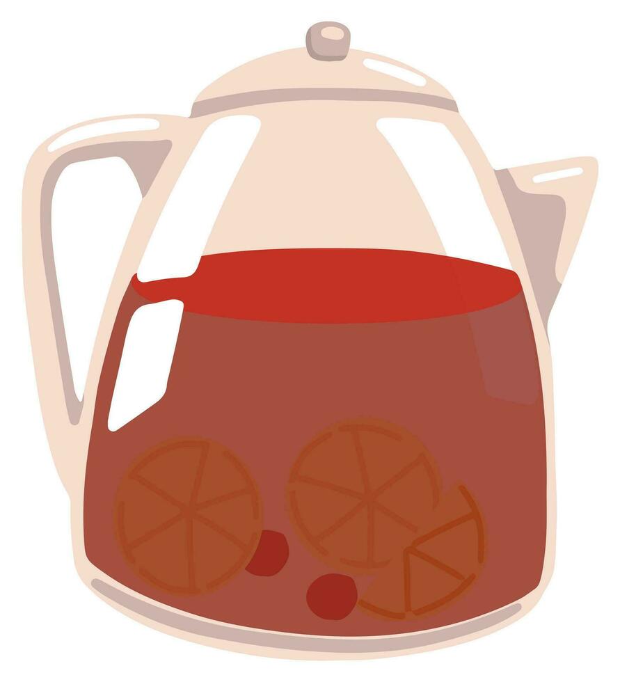 Glass teapot with tea. Colored cartoon doodle of cozy tableware. Hand drawn vector illustration. Single drawing isolated on white background. Element for design, print, sticker, card, decoration, wrap