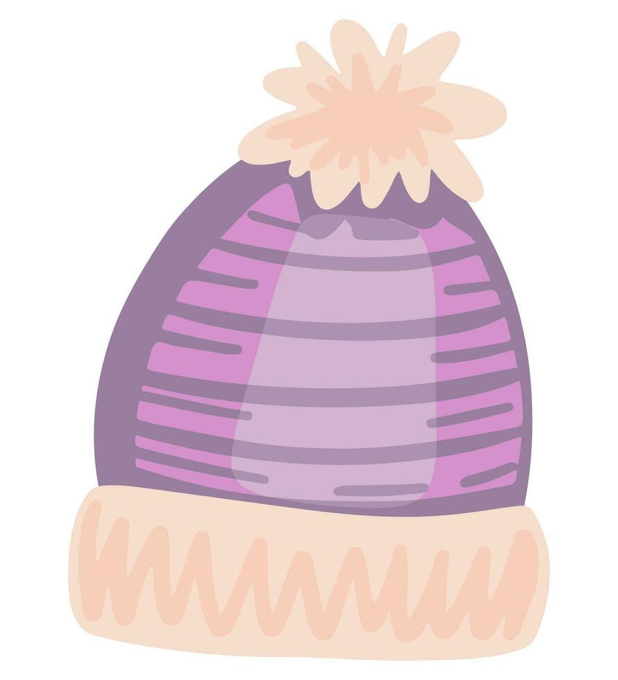 Warm hat, winter accessory. Colored cartoon doodle of clothes. Hand drawn vector illustration. Single drawing isolated on white background. Element for design, print, sticker, card, decor, wrap.