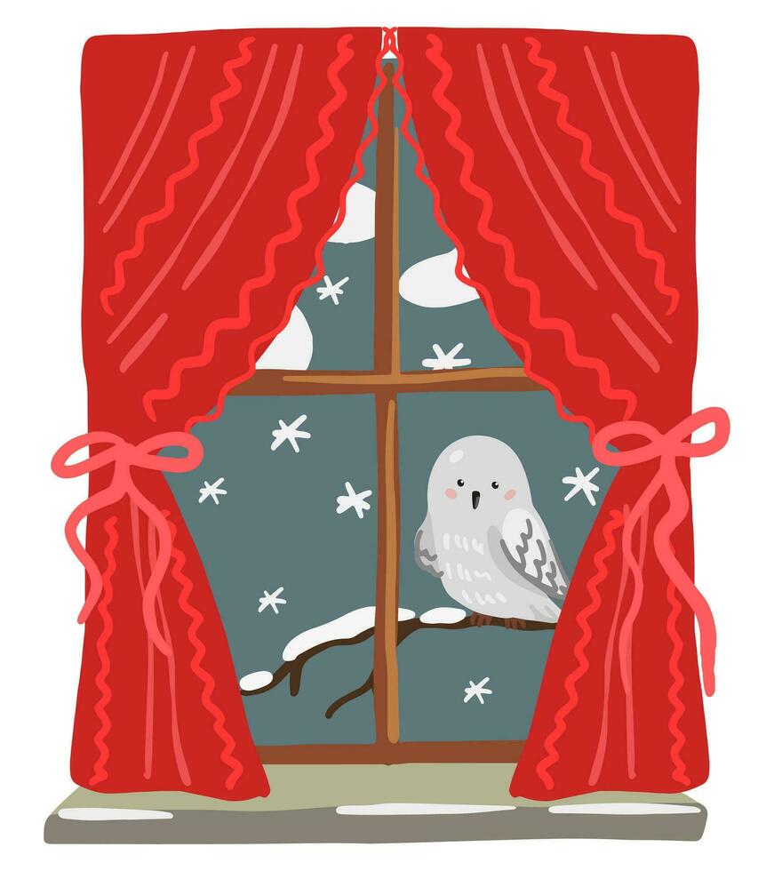 Window overlooking snow winter, owl on branch. Colored cartoon drawing of cozy home. Hand drawn vector illustration. Single clipart isolated on white. For Christmas design, print, sticker, card, decor