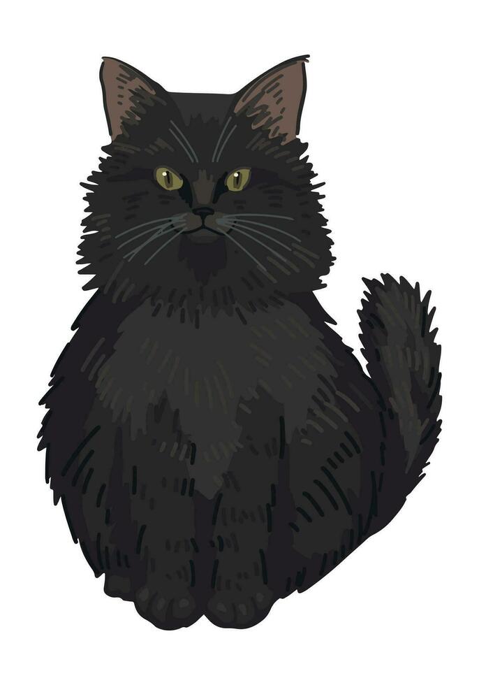 Fluffy black cat clipart isolated on white. Cartoon style drawing of witch familiar animal. Halloween creepy fauna modern vector illustration.