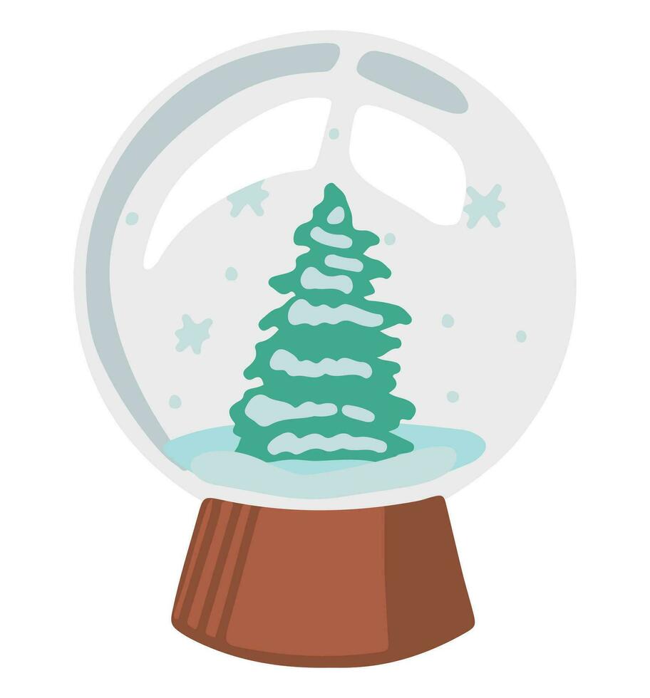 Cute snow globe with fir-tree. Colored cartoon doodle of winter attribute. Hand drawn vector illustration. Single drawing isolated on white. Element for Christmas design, print, sticker, card, decor.