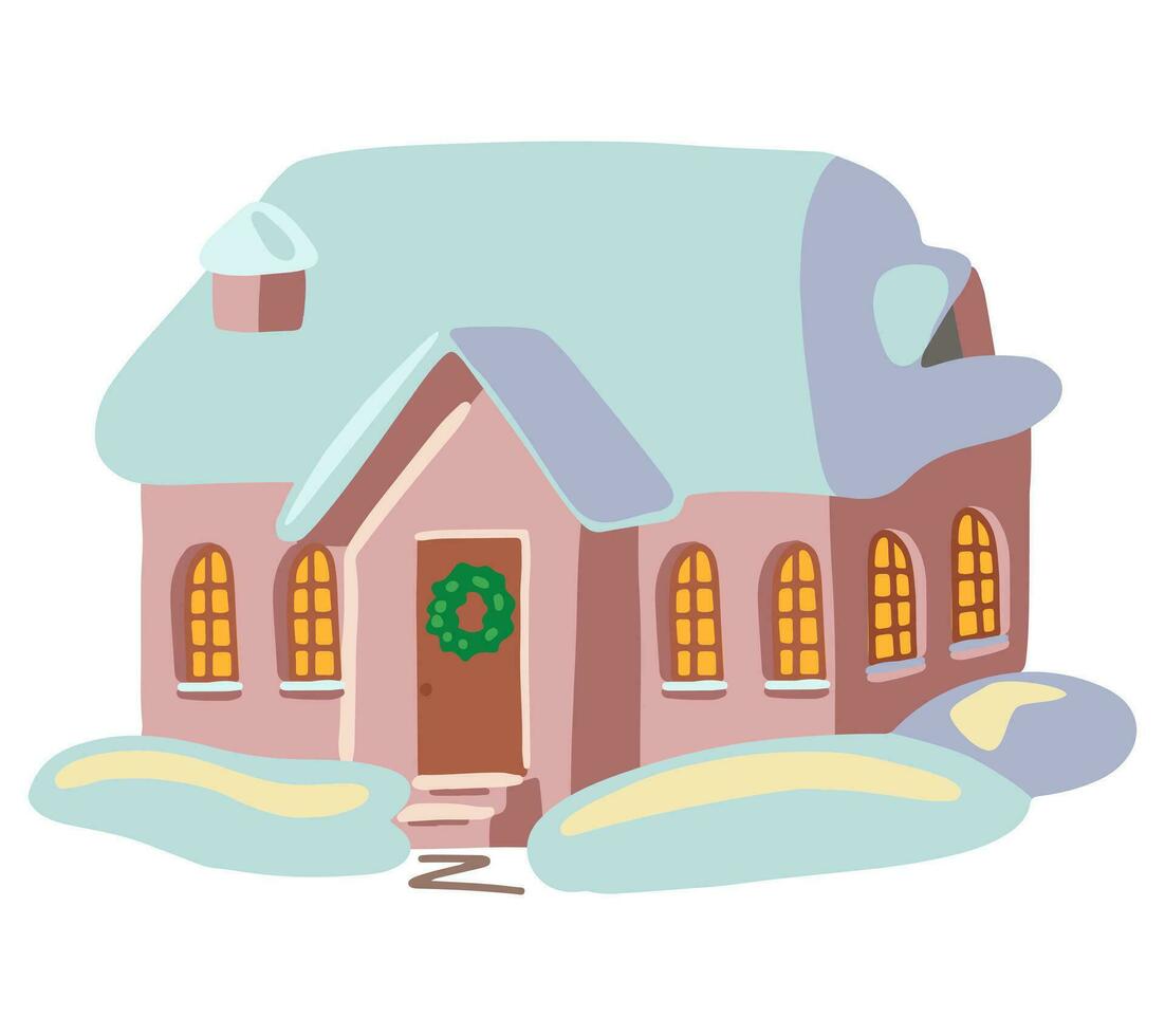 Doodle of cozy snowy house in winter. Lovely building. Sweet home. Hand drawn vector illustration. Simple cartoon drawing isolated on white. Single clipart for christmas decor, sticker, design, card.