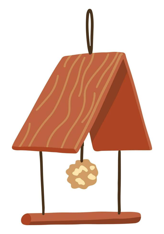 Wooden bird feeder. Colored cartoon doodle of winter attribute. Hand drawn vector illustration. Single drawing isolated on white background. Element for Christmas design, print, sticker, card, decor.